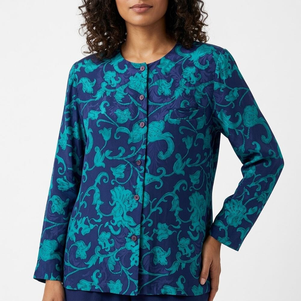 ST. GILLIAN Petites 100% Silk Blue Floral Button-Up Blouse Women Size 8
